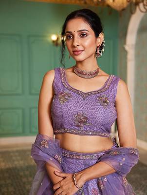 Purple net with Coding & Zarkan embroidery Semi-Stitched Lehenga choli & Dupatta 5