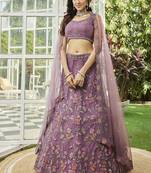 Lavender Net Embroidered Lehenga for Women