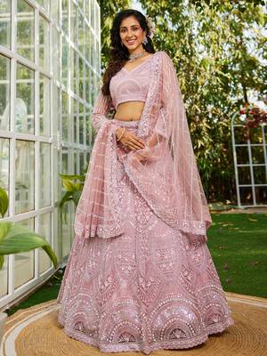 Pink net with Beads & Zarkan embroidery Semi-Stitched Lehenga choli & Dupatta 1
