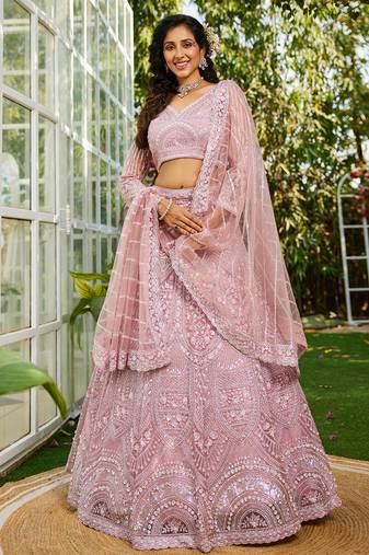Pink net with Beads & Zarkan embroidery Semi-Stitched Lehenga choli & Dupatta
