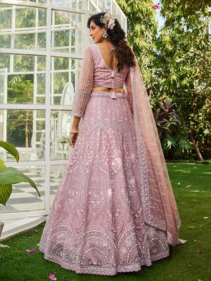 Pink net with Beads & Zarkan embroidery Semi-Stitched Lehenga choli & Dupatta 2