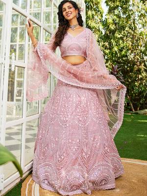Pink net with Beads & Zarkan embroidery Semi-Stitched Lehenga choli & Dupatta 3