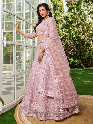 Pink net with Beads & Zarkan embroidery Semi-Stitched Lehenga choli & Dupatta 4