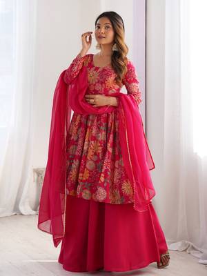 Pink floral printed anarkali palazzo set with dupatta 1