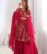 Pink floral printed anarkali palazzo set with dupatta