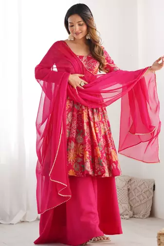 Pink floral printed anarkali palazzo set with dupatta