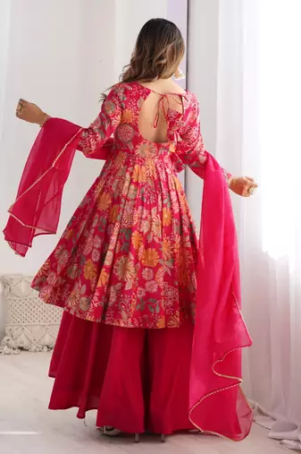 Pink floral printed anarkali palazzo set with dupatta