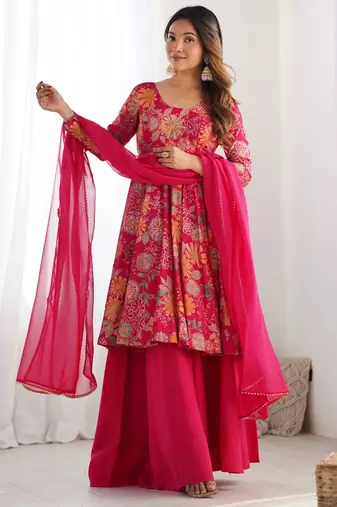 Pink floral printed anarkali palazzo set with dupatta