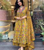 Floral Cotton Fabric Printed work Straight cut Kurta, Pant and Dupatta Set