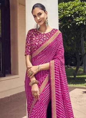 Pink Georgette Lehariya Printed Saree With Unstitched Blouse Piece 2
