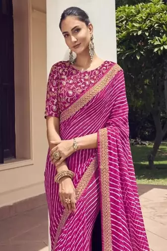 Pink Georgette Lehariya Printed Saree With Unstitched Blouse Piece