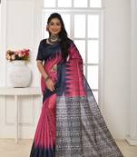 Pink printed saree with temple border design