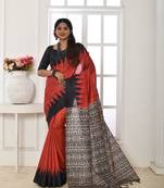 Red printed saree with temple border design