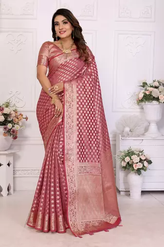 Wine woven organza silk saree with blouse piece