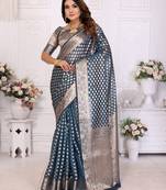 Teal woven organza silk saree with blouse piece