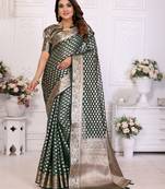 Dark green woven organza silk saree with blouse piece
