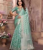 Turquoise woven organza silk saree with blouse piece