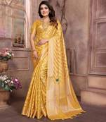 Yellow woven organza silk saree with blouse piece