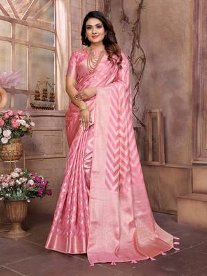 Pink woven organza silk saree with blouse piece 1