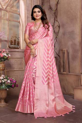 Pink woven organza silk saree with blouse piece