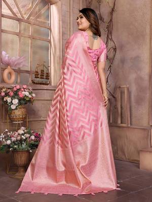 Pink woven organza silk saree with blouse piece 4