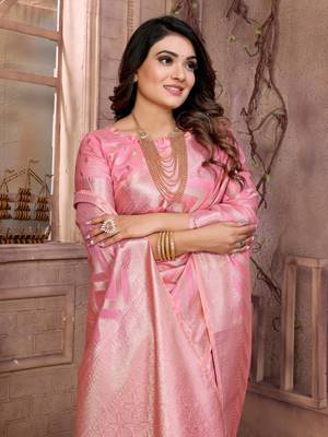 Pink woven organza silk saree with blouse piece 5