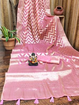 Pink woven organza silk saree with blouse piece 6