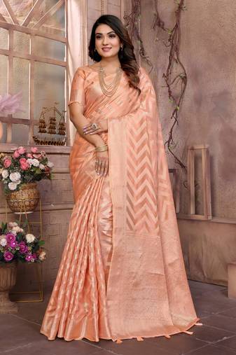 Peach woven organza silk saree with blouse piece