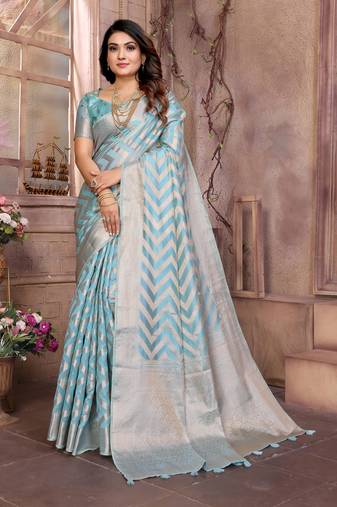 Blue woven organza silk saree with blouse piece