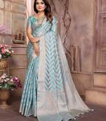 Blue woven organza silk saree with blouse piece