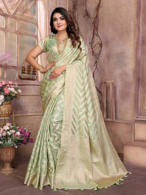Green woven organza silk saree with blouse piece 1