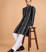 Black viscose rayon thread & sequins embroidered with foil mirror work wedding festival party wear straight kurta