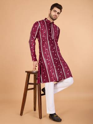 Maroon viscose rayon thread & sequins embroidered with foil mirror work wedding festival party wear straight kurta 1