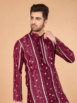 Maroon viscose rayon thread & sequins embroidered with foil mirror work wedding festival party wear straight kurta 3