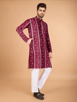 Maroon viscose rayon thread & sequins embroidered with foil mirror work wedding festival party wear straight kurta 4