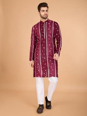 Maroon viscose rayon thread & sequins embroidered with foil mirror work wedding festival party wear straight kurta 5