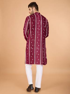 Maroon viscose rayon thread & sequins embroidered with foil mirror work wedding festival party wear straight kurta 6