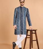 Grey viscose rayon thread & sequins embroidered with foil mirror work wedding festival party wear straight kurta