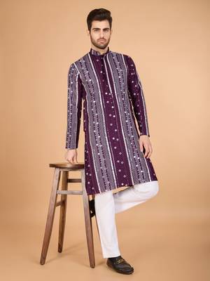Purple viscose rayon thread & sequins embroidered with foil mirror work wedding festival party wear straight kurta 1