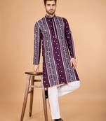 Purple viscose rayon thread & sequins embroidered with foil mirror work wedding festival party wear straight kurta