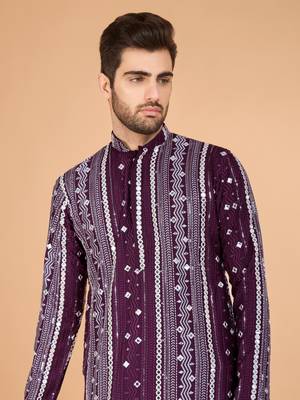 Purple viscose rayon thread & sequins embroidered with foil mirror work wedding festival party wear straight kurta 3