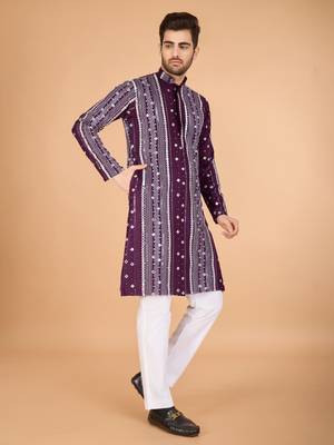 Purple viscose rayon thread & sequins embroidered with foil mirror work wedding festival party wear straight kurta 4