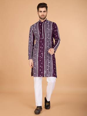 Purple viscose rayon thread & sequins embroidered with foil mirror work wedding festival party wear straight kurta 5