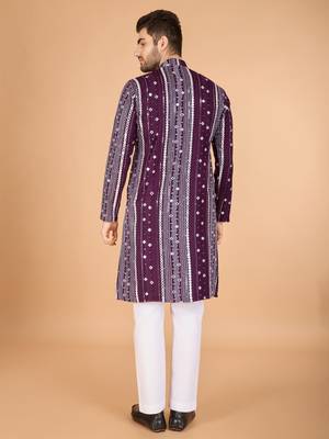 Purple viscose rayon thread & sequins embroidered with foil mirror work wedding festival party wear straight kurta 6