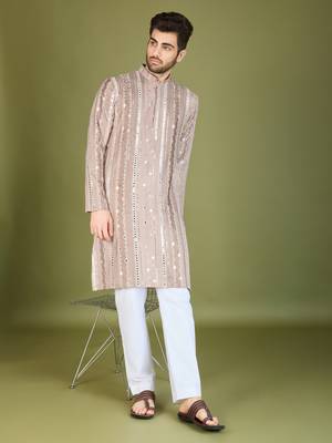 Beige viscose rayon thread & sequins embroidered with foil mirror work wedding festival party wear straight kurta 1