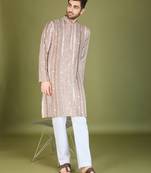 Beige viscose rayon thread & sequins embroidered with foil mirror work wedding festival party wear straight kurta