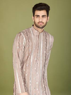 Beige viscose rayon thread & sequins embroidered with foil mirror work wedding festival party wear straight kurta 3