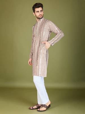 Beige viscose rayon thread & sequins embroidered with foil mirror work wedding festival party wear straight kurta 4