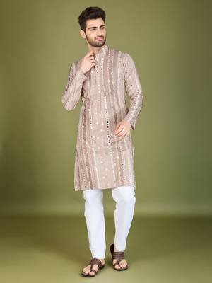 Beige viscose rayon thread & sequins embroidered with foil mirror work wedding festival party wear straight kurta 5
