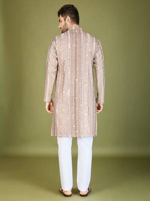 Beige viscose rayon thread & sequins embroidered with foil mirror work wedding festival party wear straight kurta 6